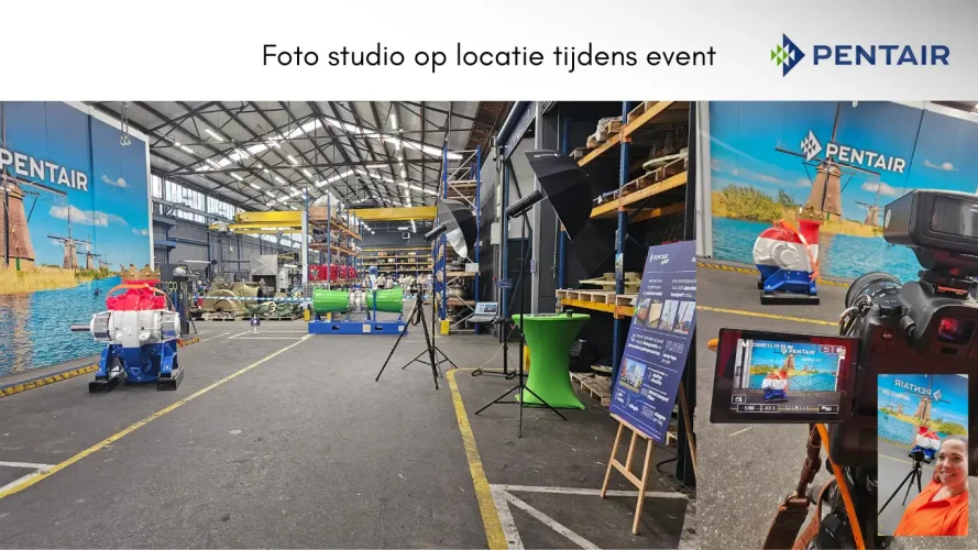 a room with a large building with a sign and a stand